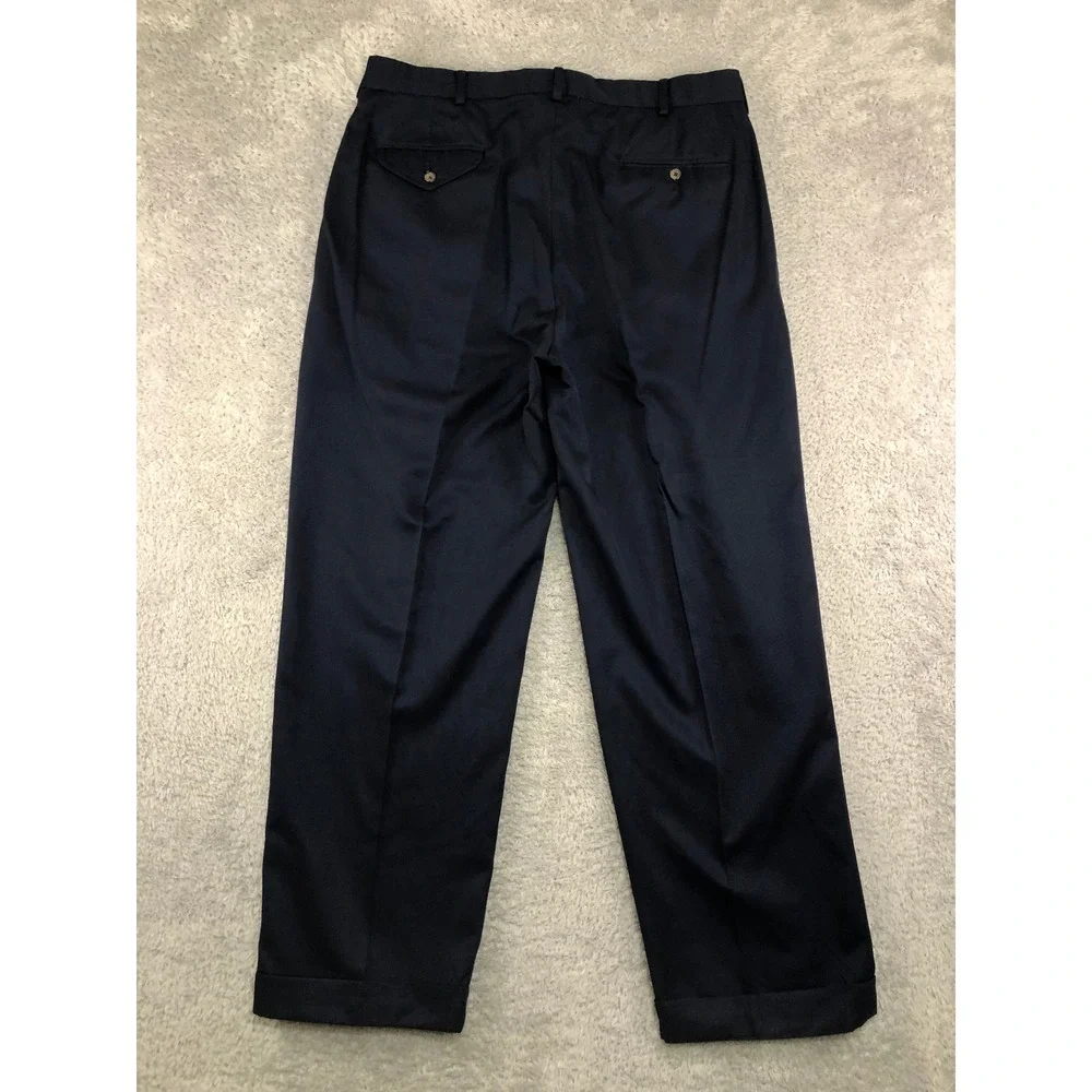 VTG Polo Golf Pants Men 36x30 Navy Blue Pleated Cuffed Chino Trousers